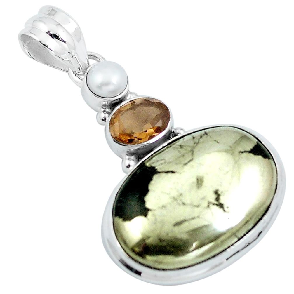 Natural golden pyrite in magnetite (healer's gold) 925 silver pendant m79679