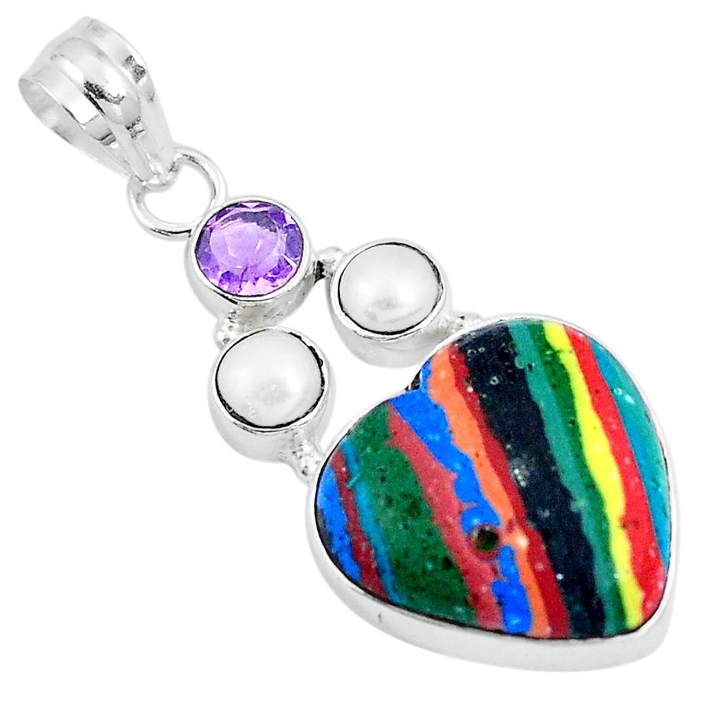 Natural multi color rainbow calsilica amethyst pearl 925 silver pendant m79685