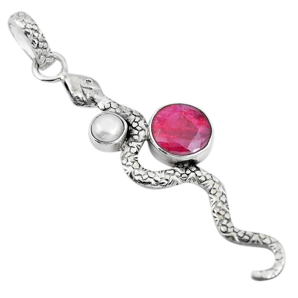 925 sterling silver natural red ruby pearl snake pendant jewelry m79779