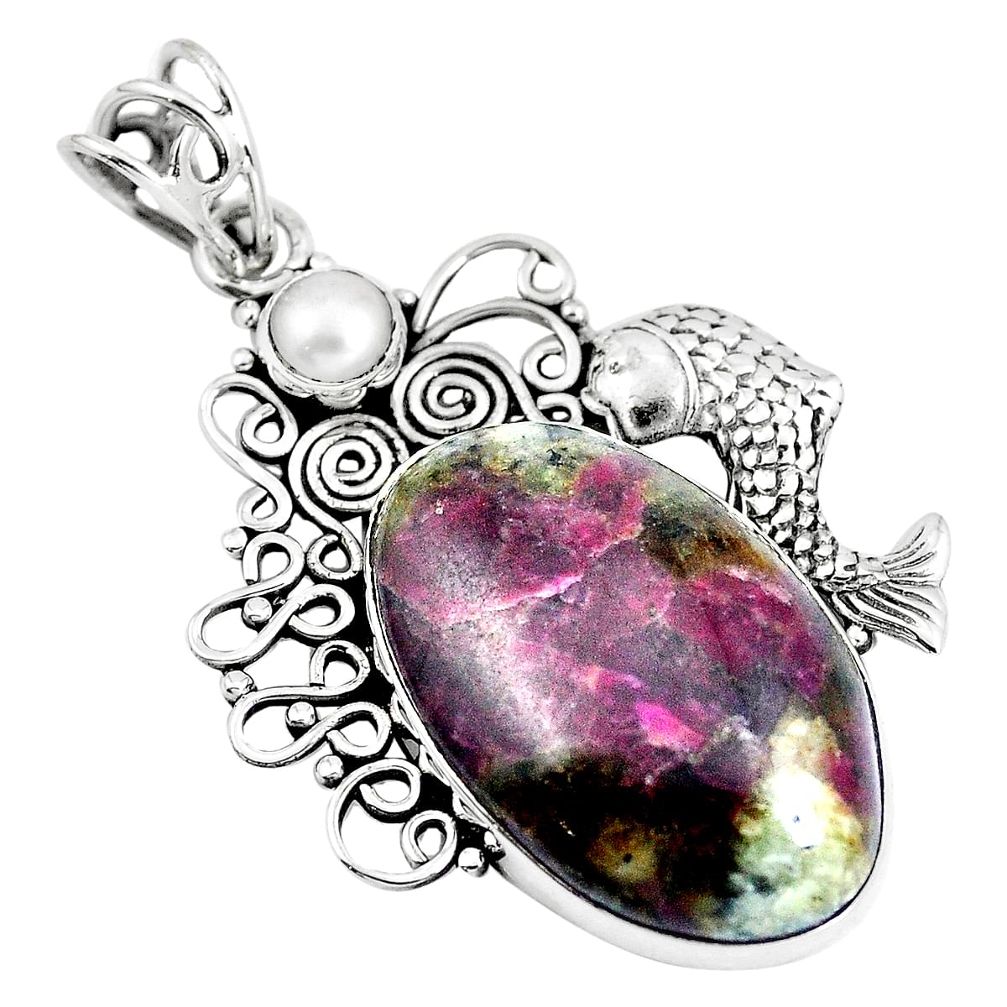 Natural pink eudialyte pearl 925 sterling silver fish pendant m79985