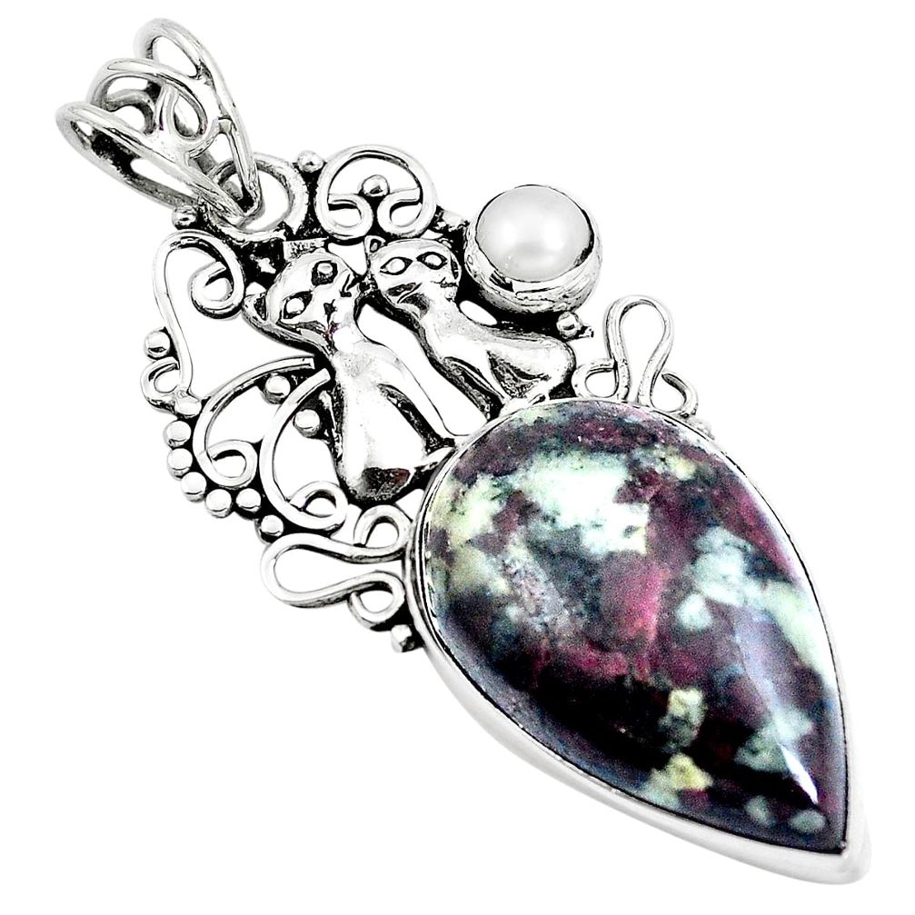 Natural pink eudialyte pearl 925 sterling silver two cats pendant m79986