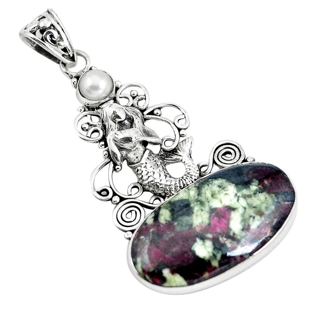 Natural pink eudialyte pearl 925 silver fairy mermaid pendant m79994