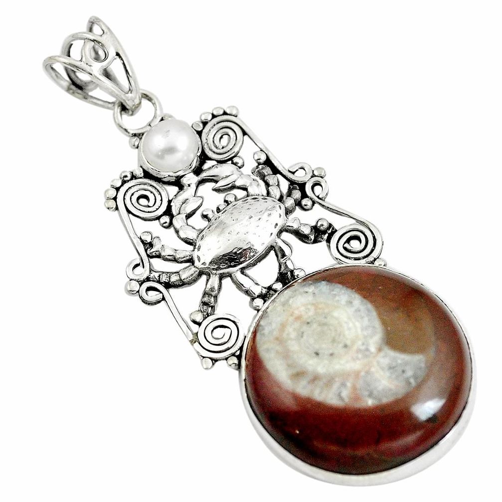 Natural brown ammonite fossil pearl 925 silver crab pendant m80052