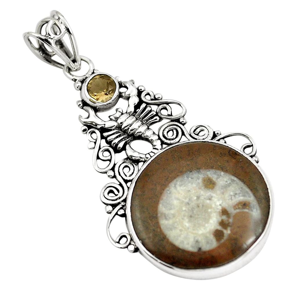 Natural brown ammonite fossil smoky topaz 925 silver pendant m80054