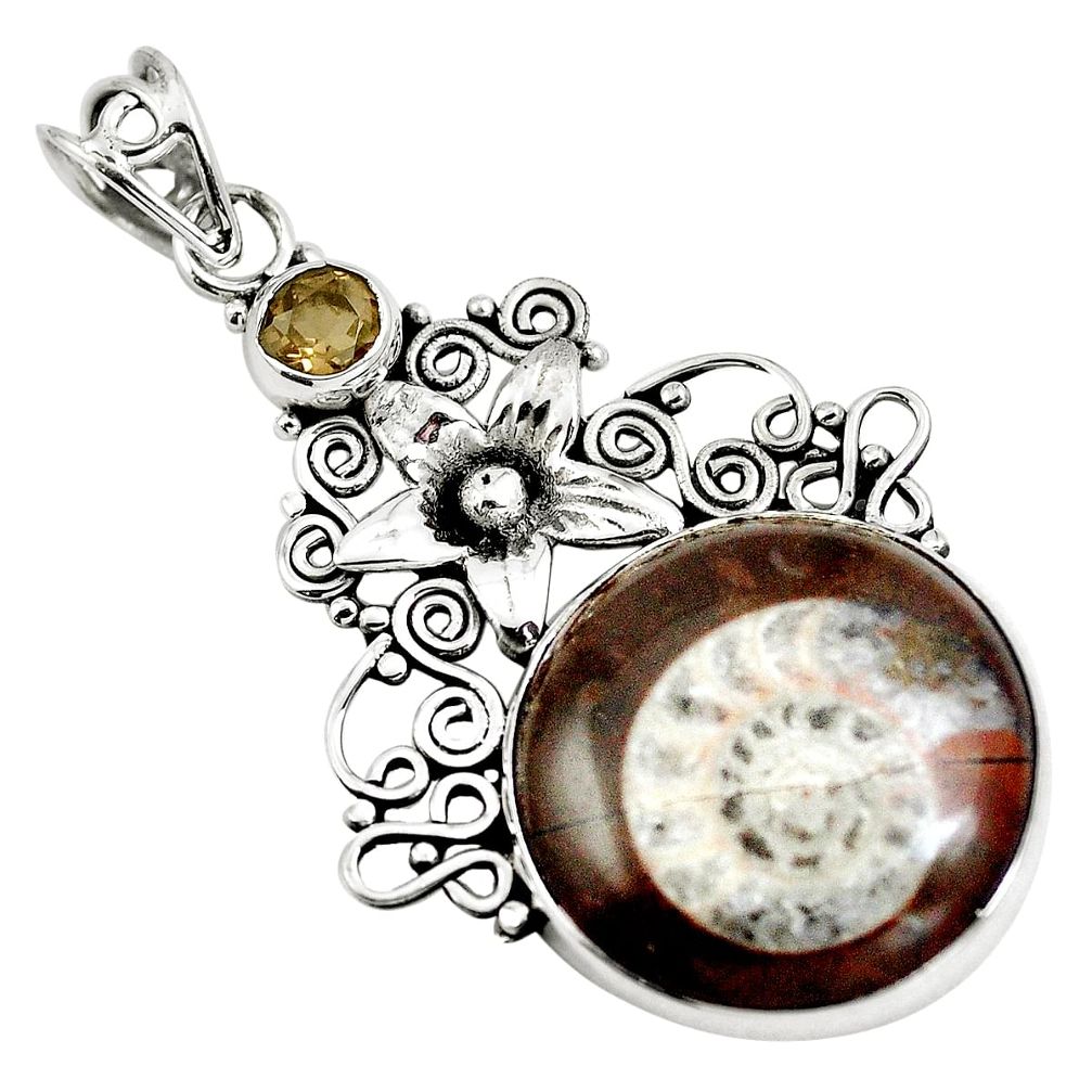 Natural brown ammonite fossil 925 silver flower pendant m80056