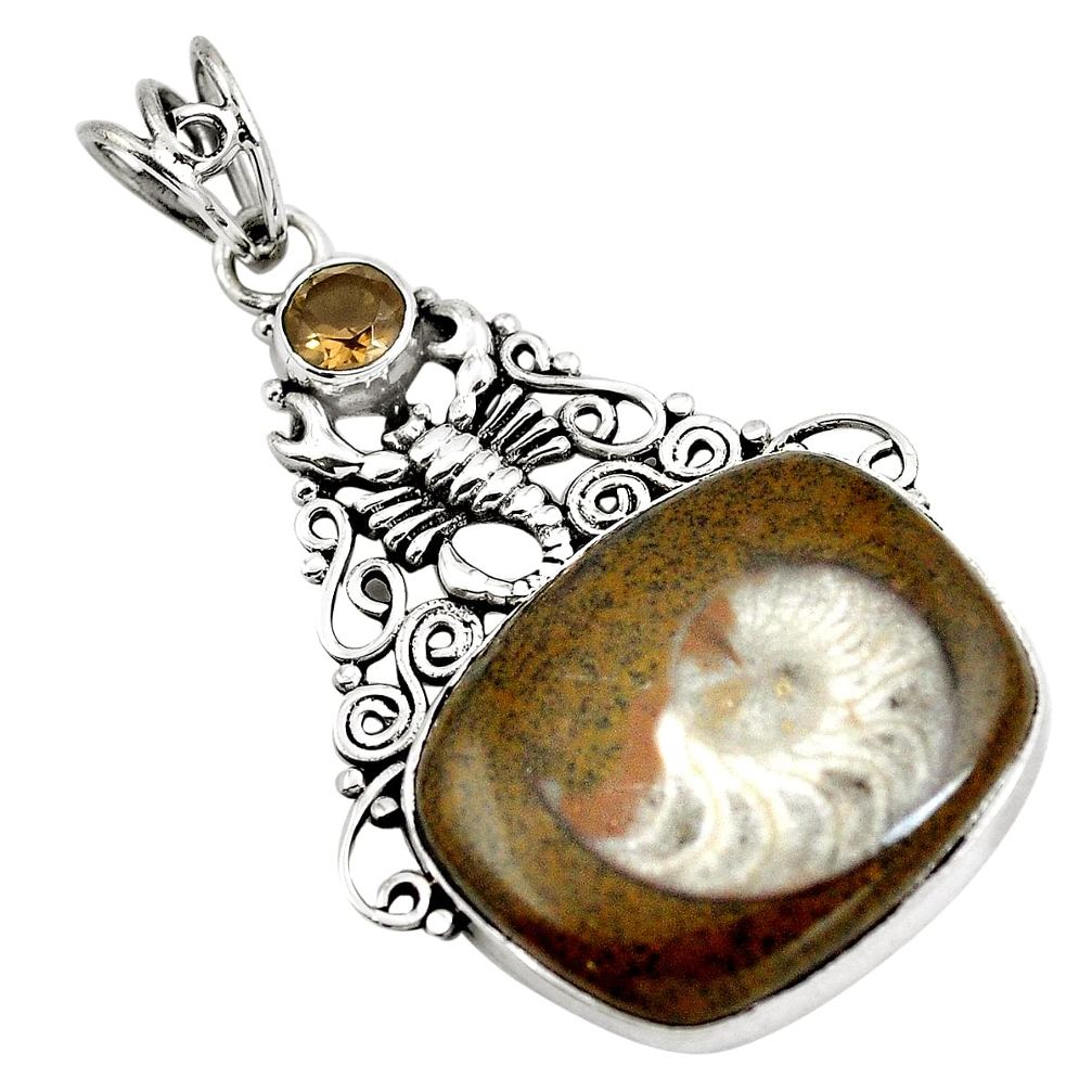 Natural brown ammonite fossil 925 silver scorpion pendant m80058