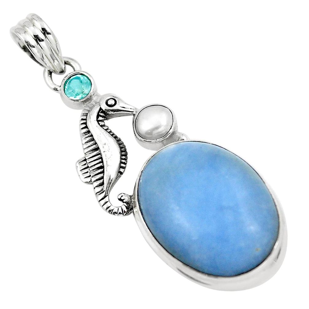 Natural blue angelite topaz 925 sterling silver seahorse pendant m80081