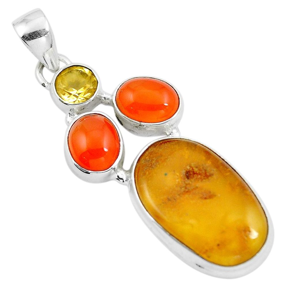 Natural yellow amber bone cornelian (carnelian) 925 silver pendant m80126
