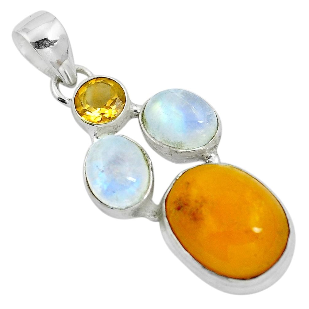 Natural yellow amber bone moonstone 925 sterling silver pendant m80134