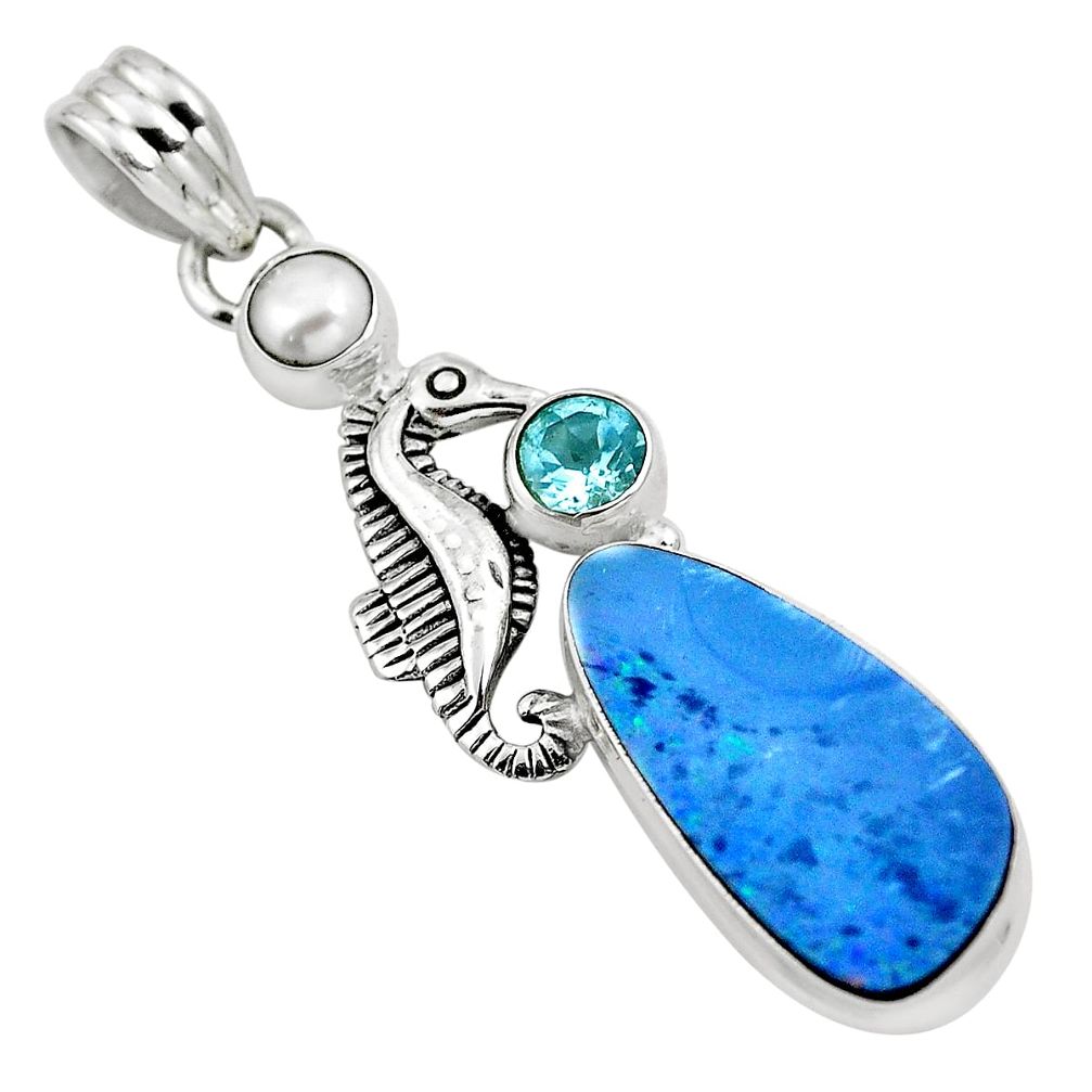 Natural blue doublet opal australian 925 silver seahorse pendant m80161