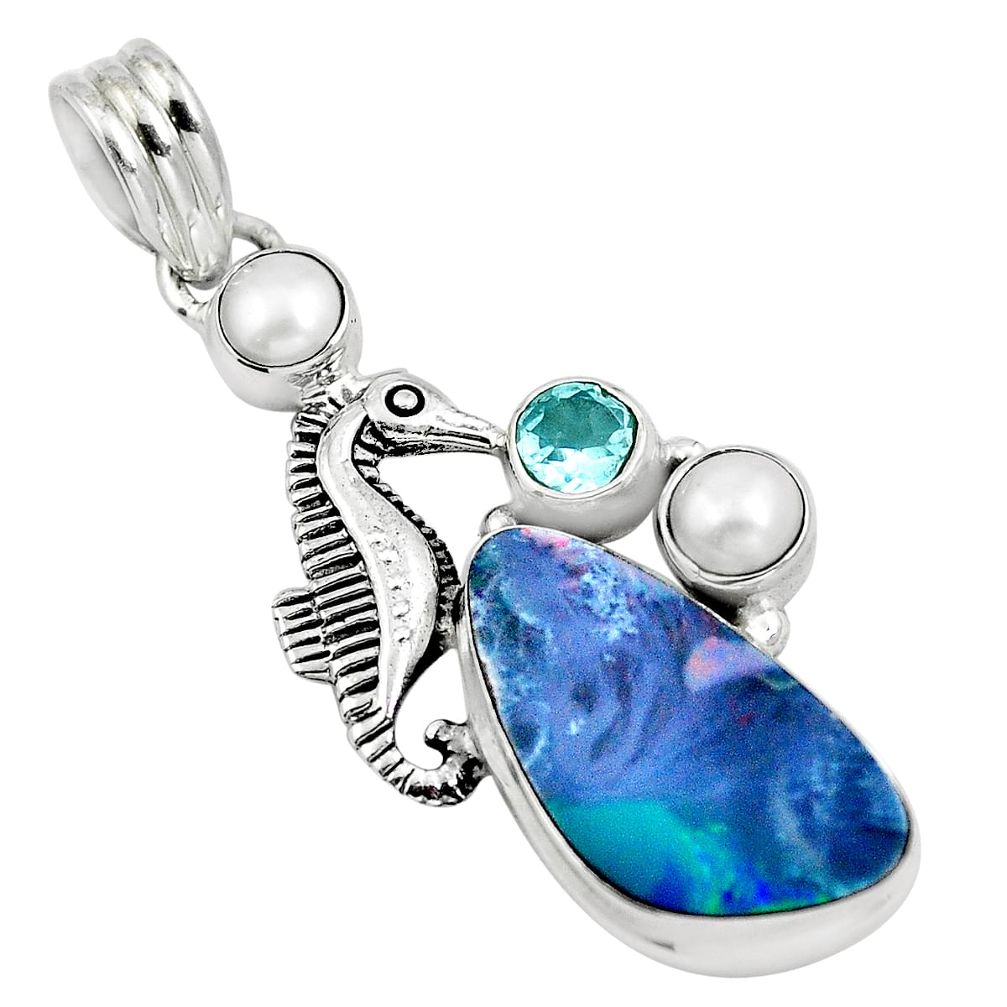 Natural blue doublet opal australian 925 silver seahorse pendant m80173