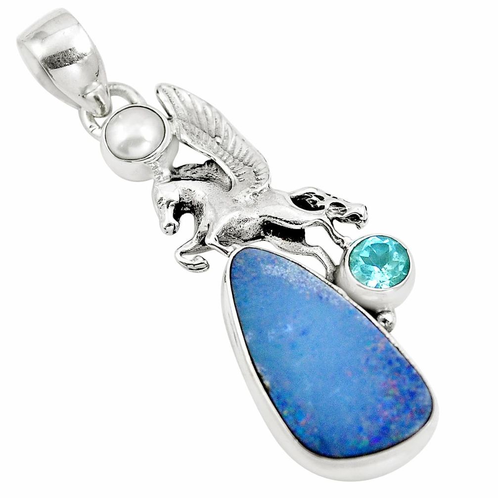 Natural blue doublet opal australian 925 silver unicorn pendant m80177