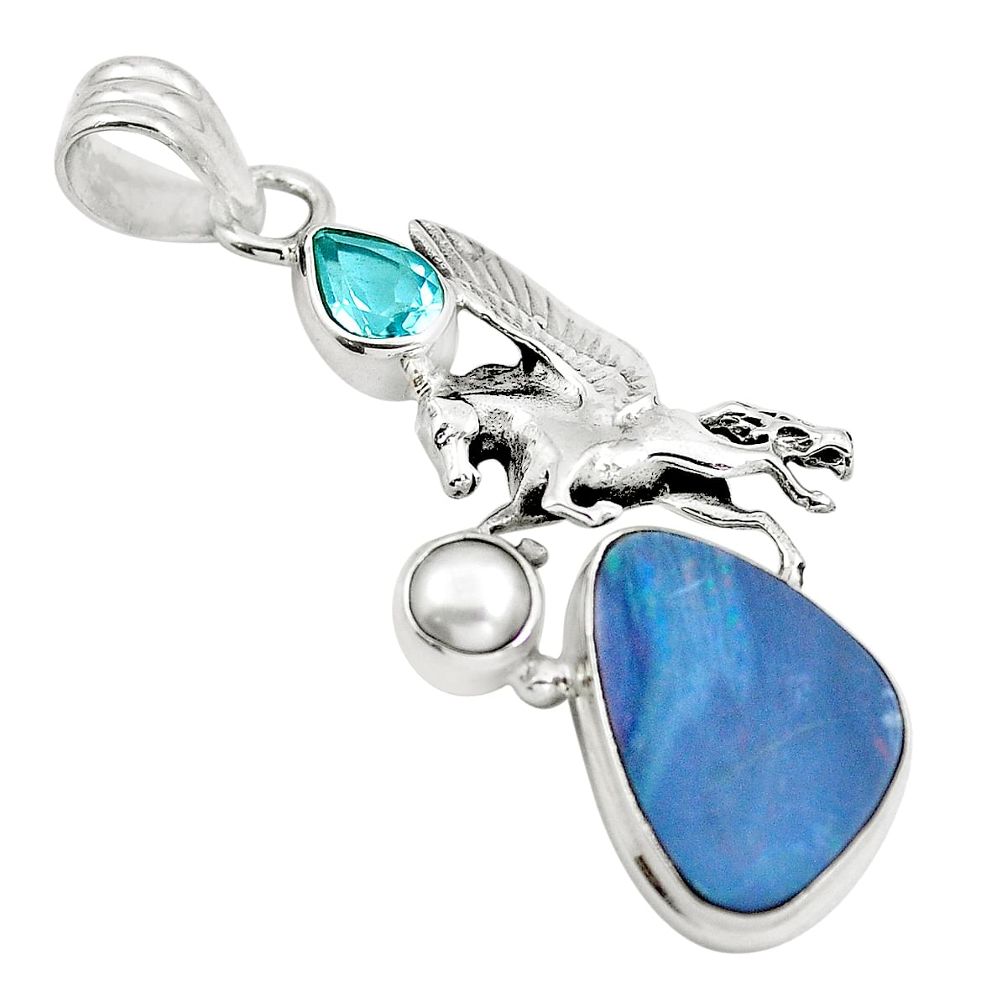 Natural blue doublet opal australian 925 silver unicorn pendant m80178