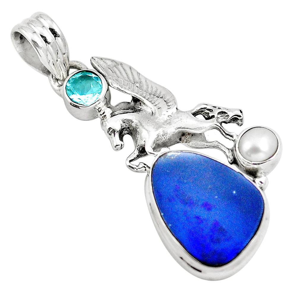 925 silver natural blue doublet opal australian pearl unicorn pendant m80180