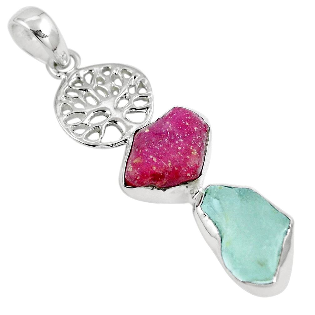 Natural pink ruby rough aquamarine silver tree of life pendant jewelry m80841