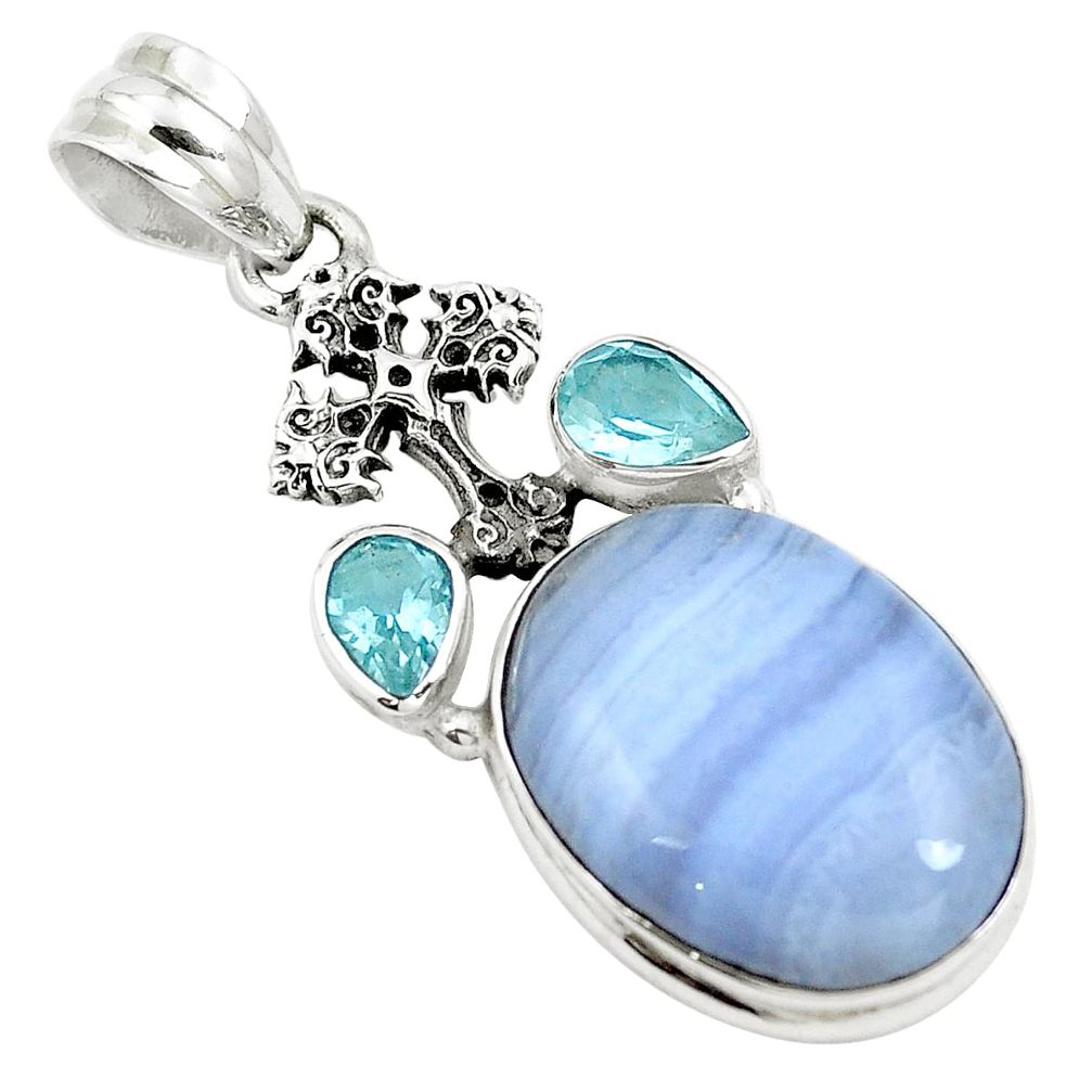 Natural blue lace agate topaz 925 silver holy cross pendant jewelry m81158