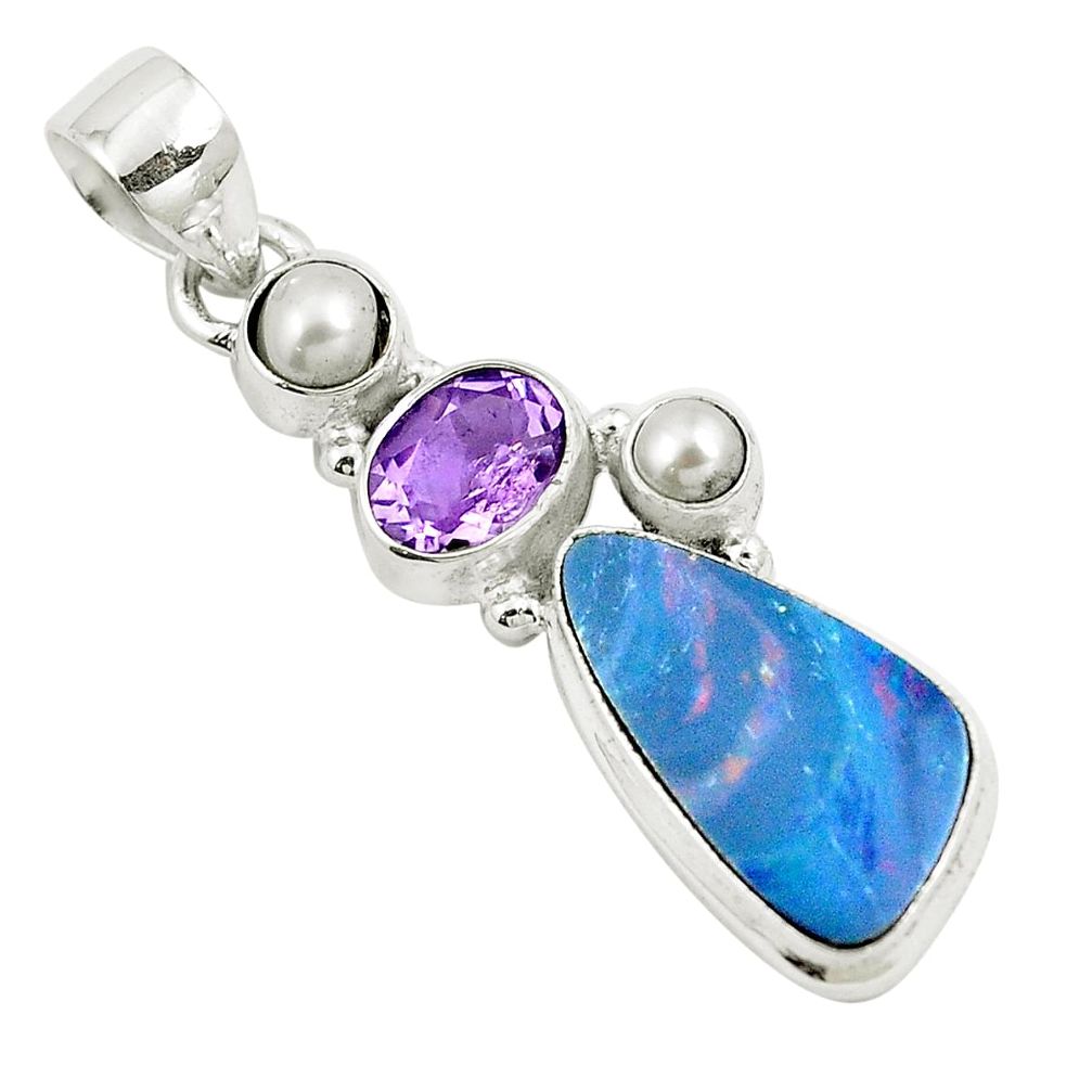 Natural blue doublet opal australian amethyst 925 silver pendant m81180