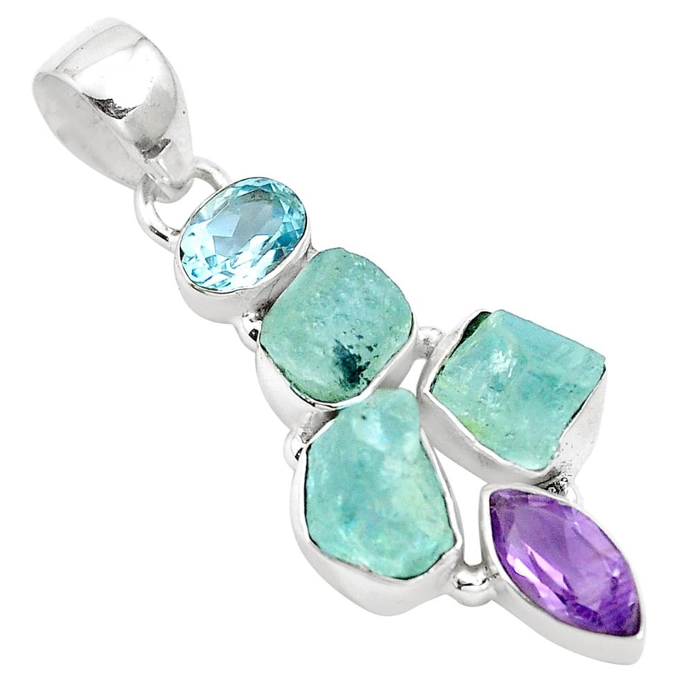 Natural aqua aquamarine rough amethyst 925 silver pendant m81613