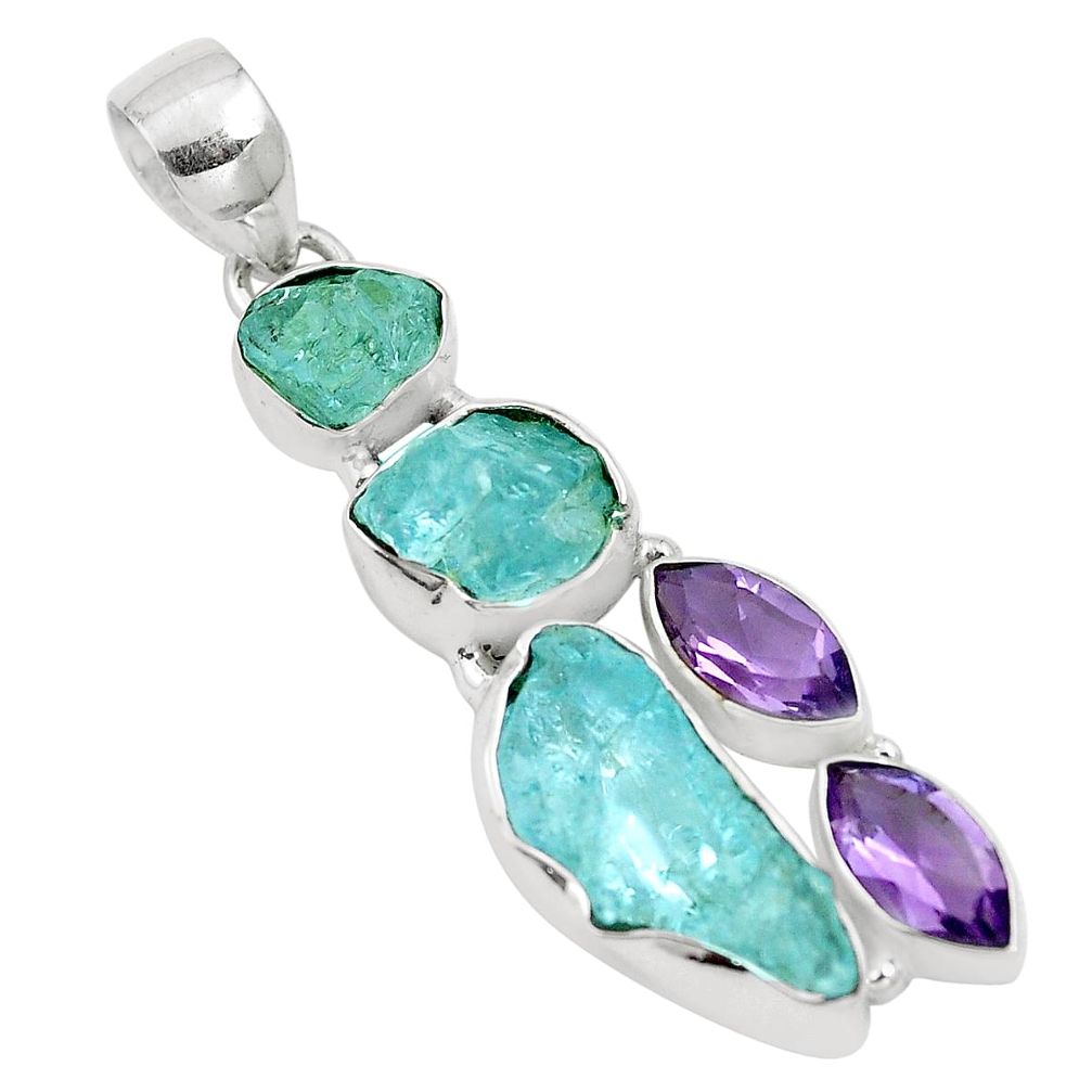 Natural aqua aquamarine rough purple amethyst 925 silver pendant m81620