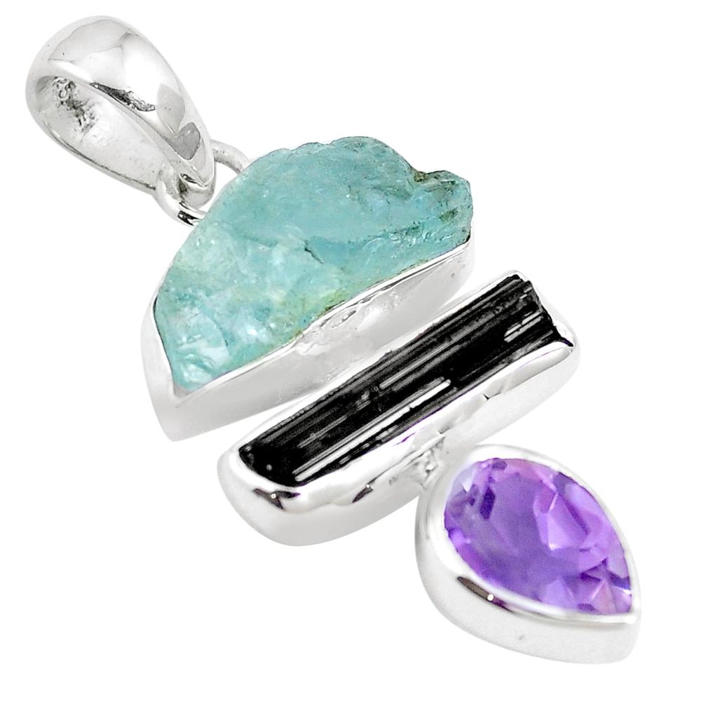 Natural aqua aquamarine amethyst tourmaline rough 925 silver pendant m83126