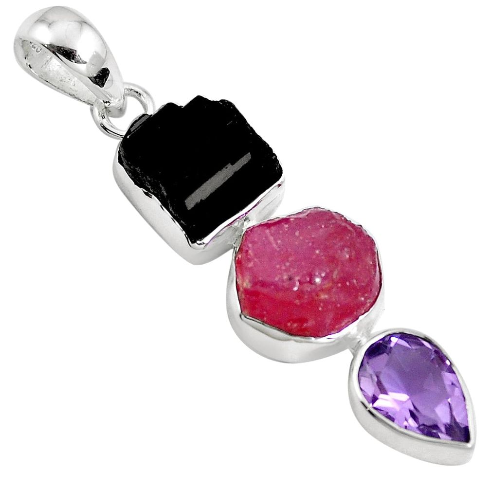 Natural pink ruby amethyst tourmaline rough 925 silver pendant m83148