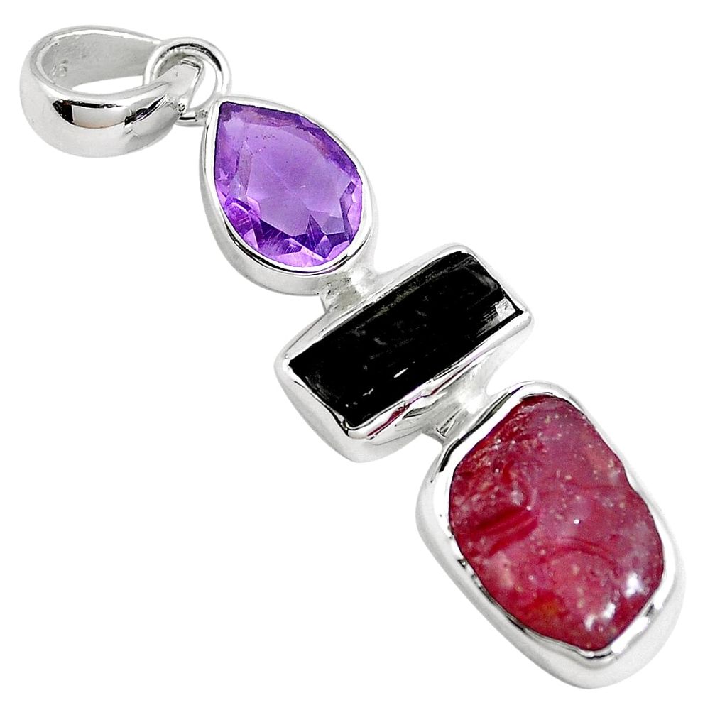 Natural pink ruby amethyst tourmaline rough 925 silver pendant m83157