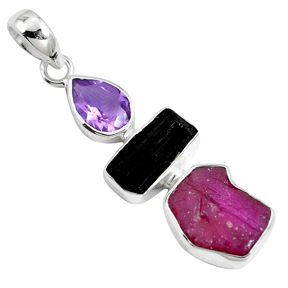 Natural pink ruby amethyst tourmaline rough 925 silver pendant m83158