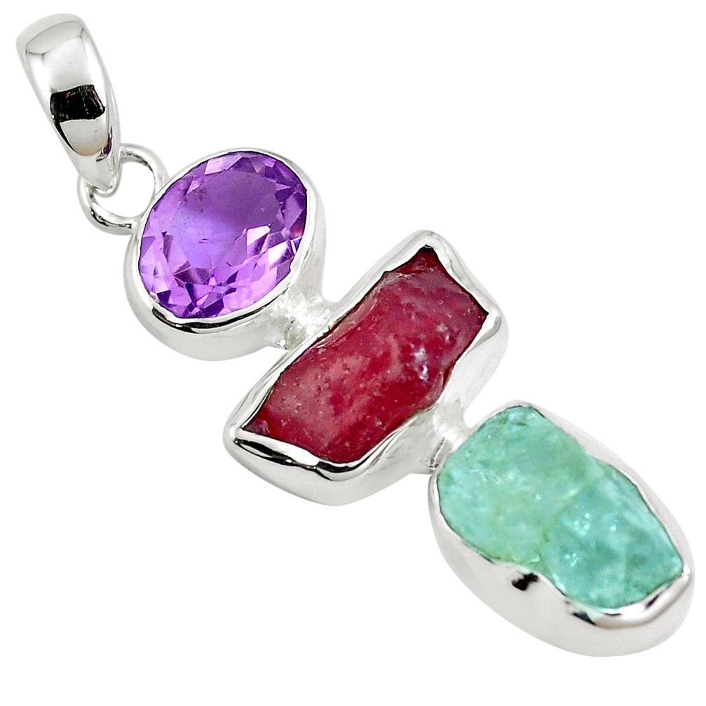 Natural pink ruby rough aquamarine amethyst 925 silver pendant m83165