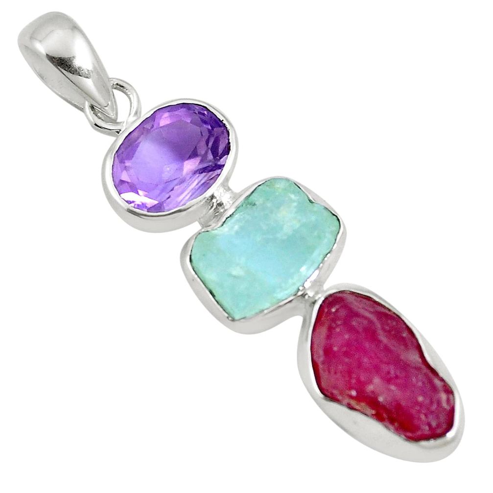 Natural pink ruby rough aquamarine amethyst 925 silver pendant jewelry m83167