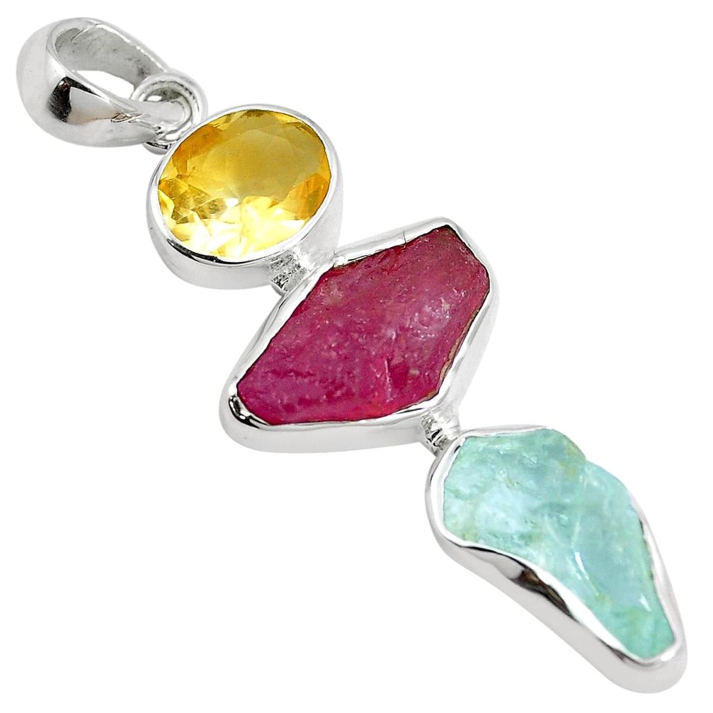 Natural pink ruby citrine aquamarine rough 925 silver pendant m83176