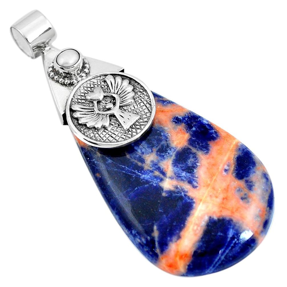 Natural orange sodalite white pearl 925 silver angel wing pendant m83206