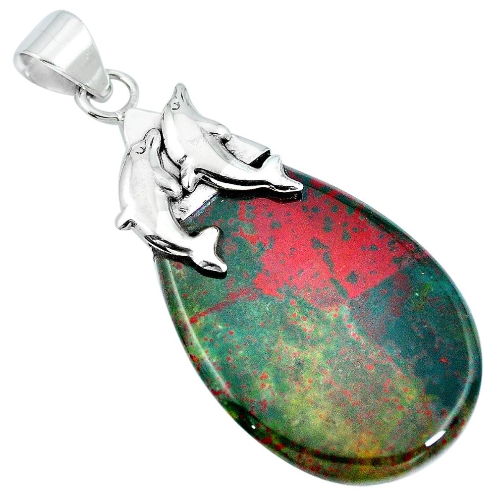 Natural green bloodstone african (heliotrope) 925 silver dolphin pendant m83225