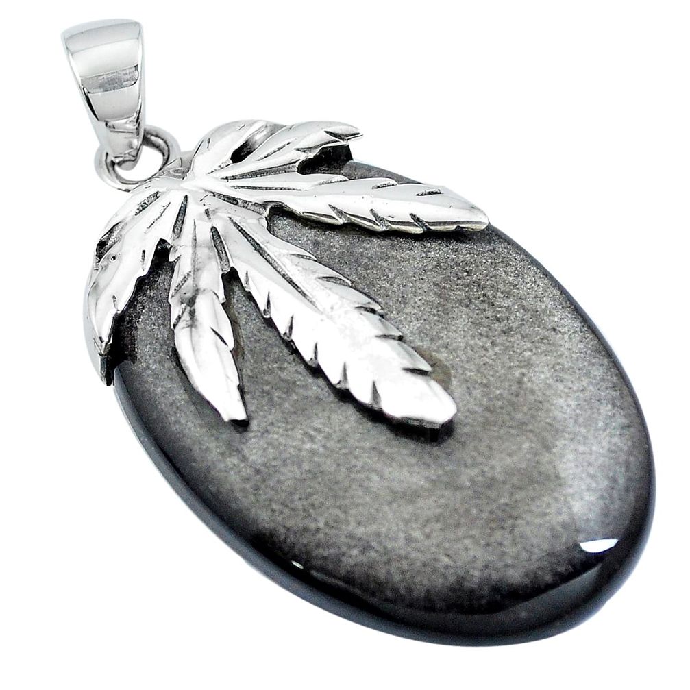 Natural golden sheen black obsidian 925 silver deltoid leaf pendant m83288