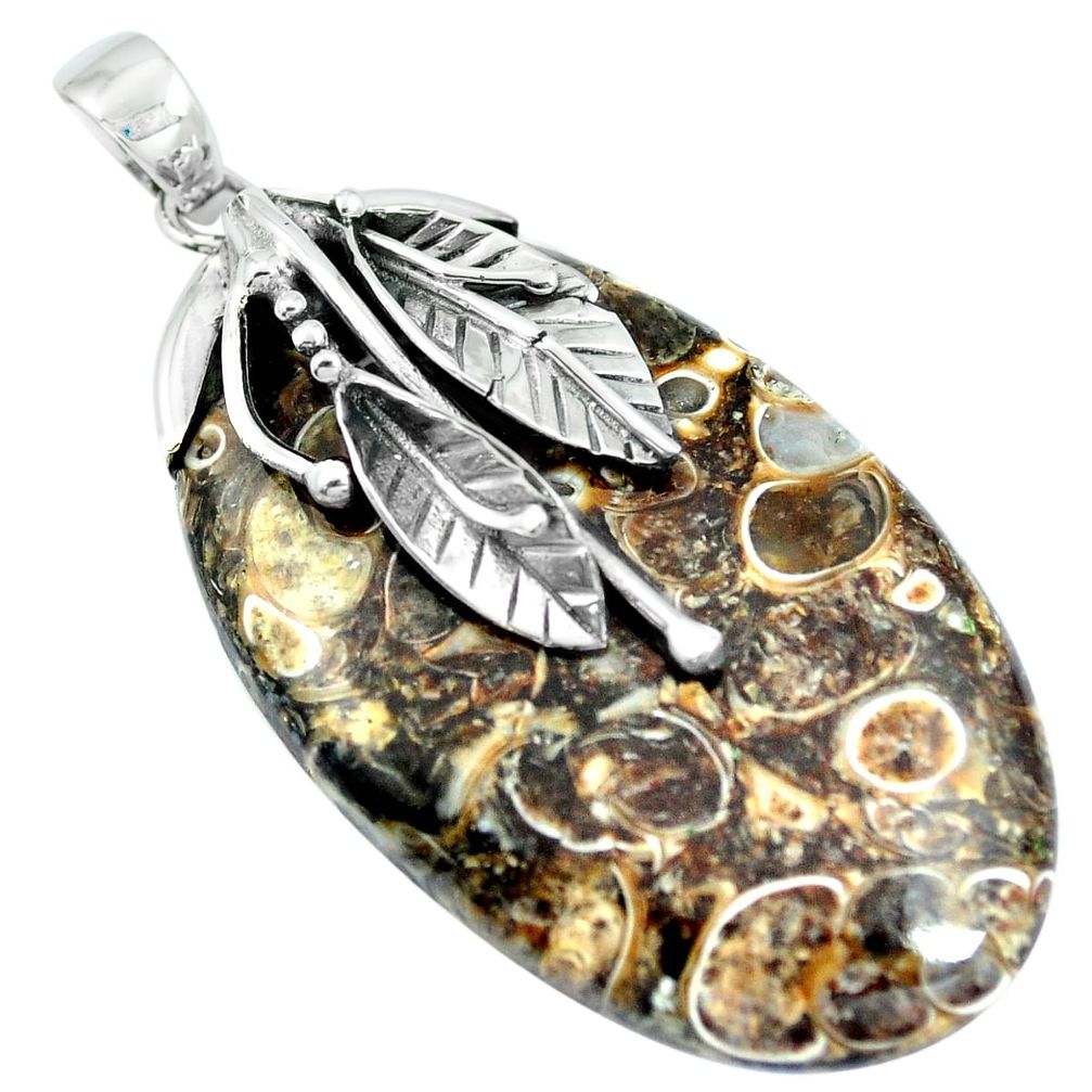 Natural turritella fossil snail agate 925 silver deltoid leaf pendant m83305