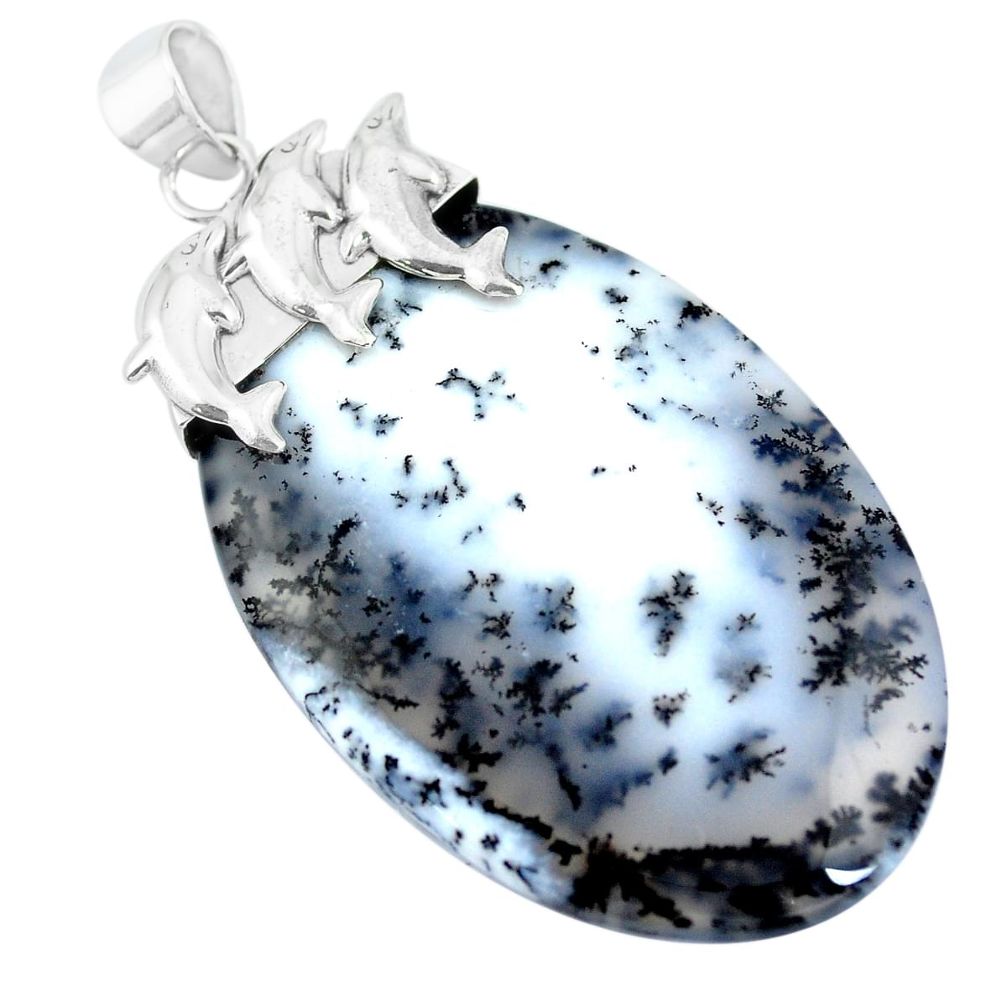 Natural white dendrite opal (merlinite) 925 silver dolphin pendant m83318