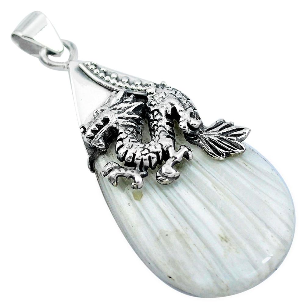 925 silver natural white scolecite high vibration crystal dragon pendant m83335