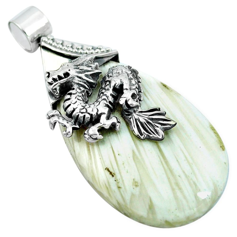 Natural white scolecite high vibration crystal 925 silver dragon pendant m83337