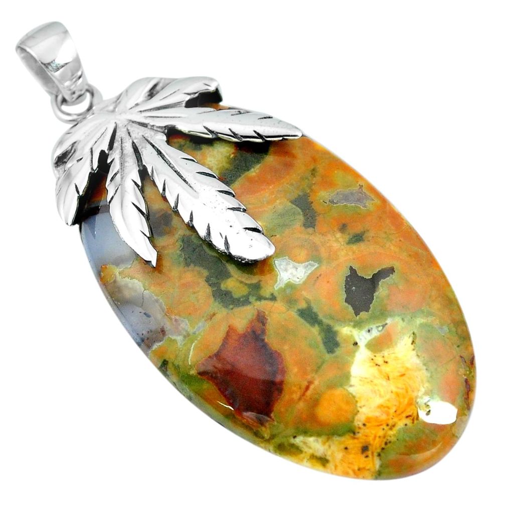 925 silver natural rainforest rhyolite jasper deltoid leaf pendant m83364