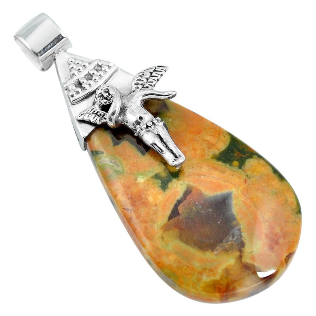 Natural multi color rainforest rhyolite jasper 925 silver angel pendant m83373