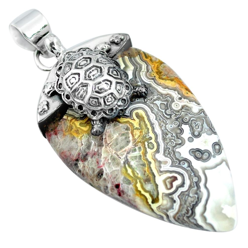 Natural multi color mexican laguna lace agate 925 silver turtle pendant m83404