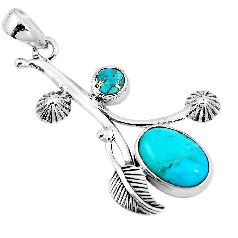 Blue copper turquoise 925 sterling silver deltoid leaf pendant m83463