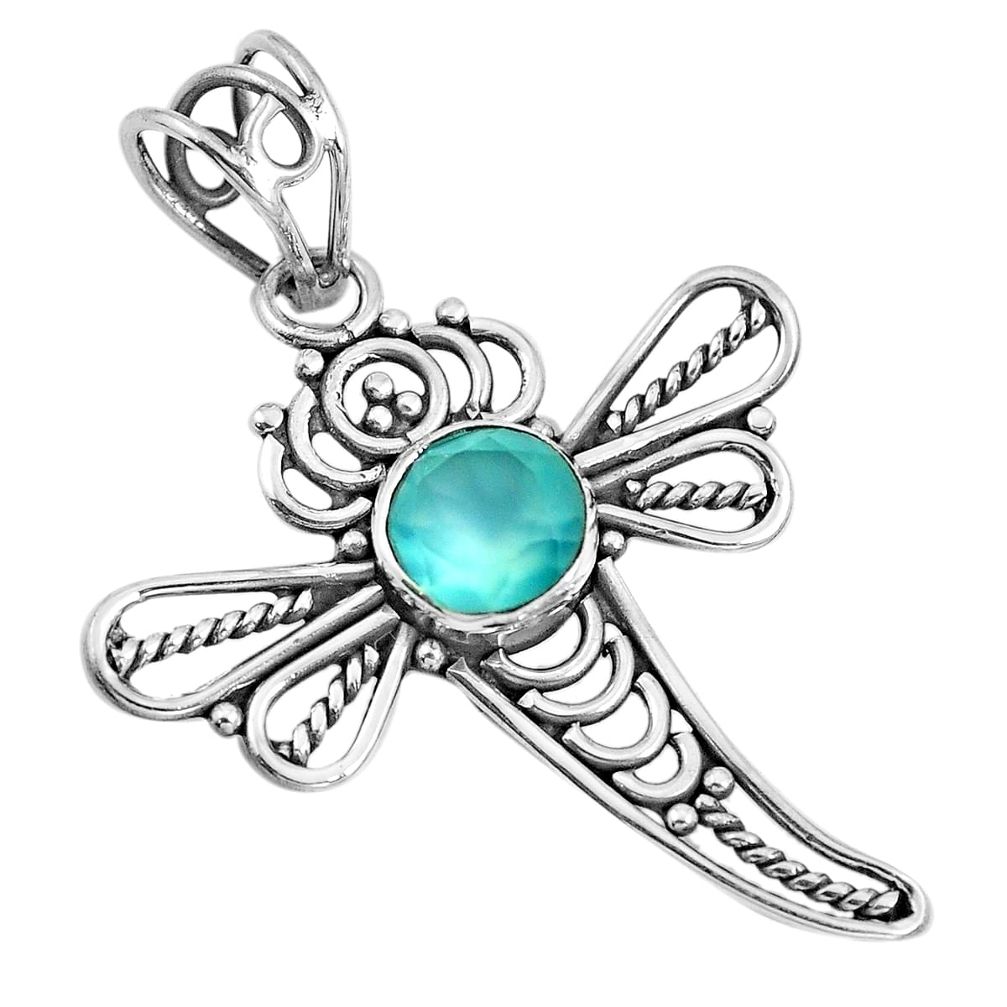 Natural aqua chalcedony 925 sterling silver dragonfly pendant m83733