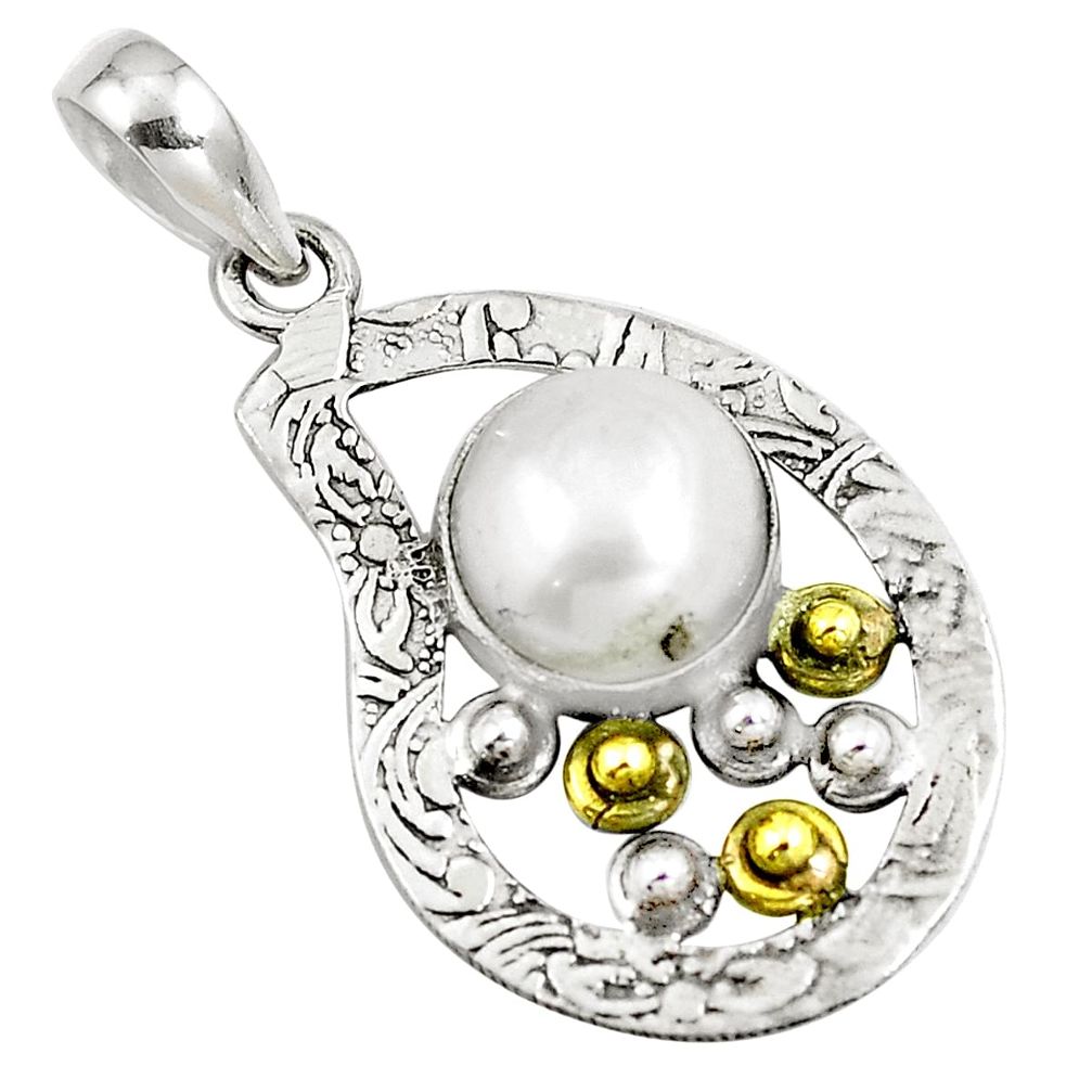 Natural white pearl 925 sterling silver two tone pendant jewelry m84390