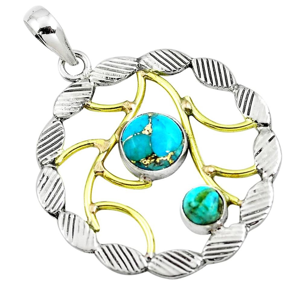 Blue copper turquoise 925 sterling silver two tone pendant m84405