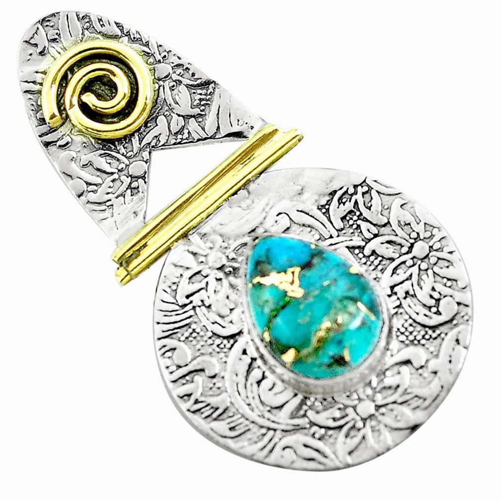 Blue copper turquoise 925 sterling silver two tone pendant m84406