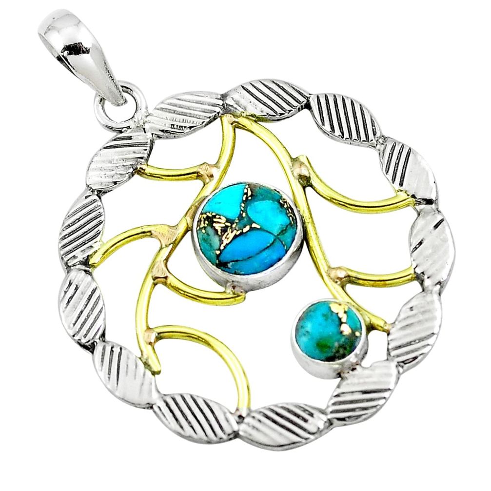 Blue copper turquoise 925 sterling silver two tone pendant m84428