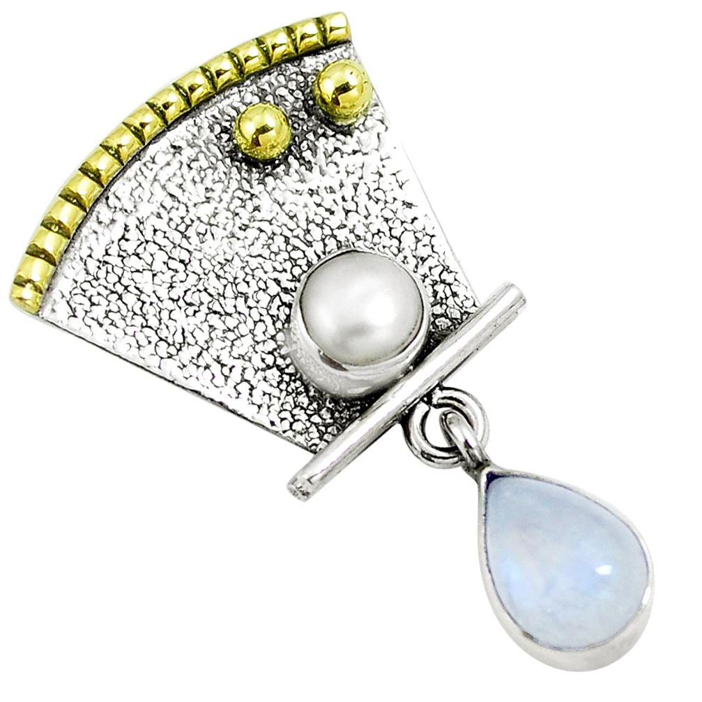 Natural rainbow moonstone pearl 925 silver two tone pendant m84437