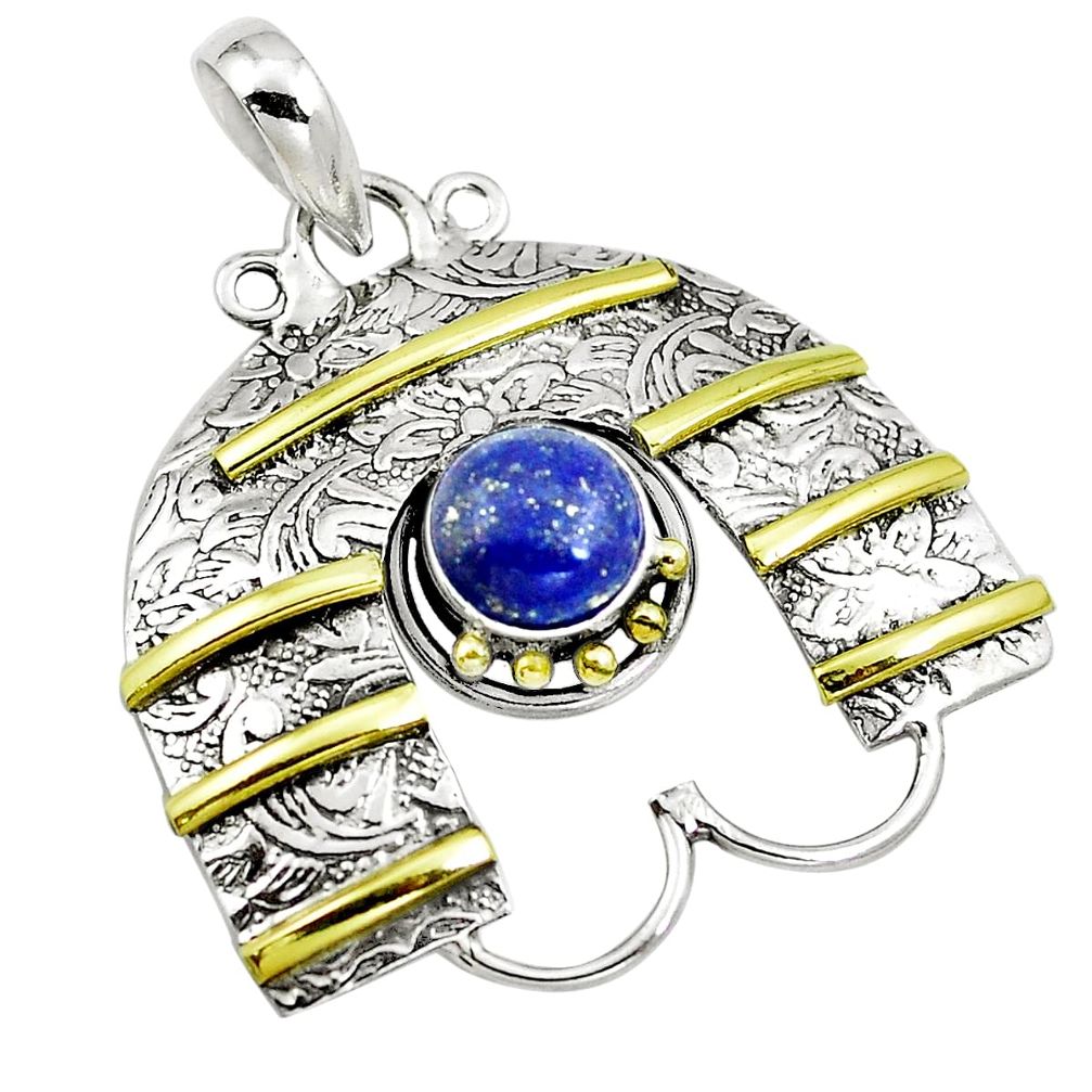 Natural blue lapis lazuli 925 sterling silver two tone pendant m84485