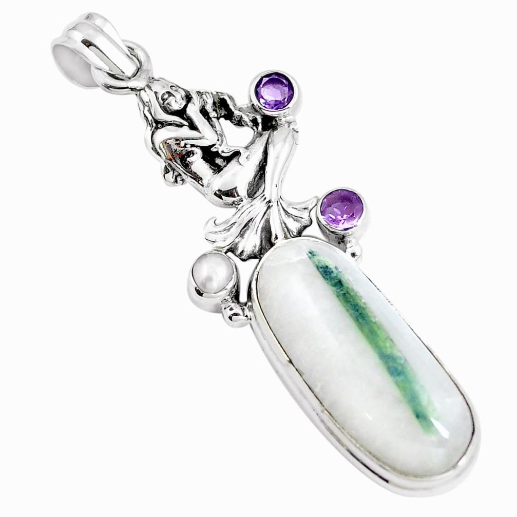 Natural green tourmaline in quartz 925 silver angel pendant m84505