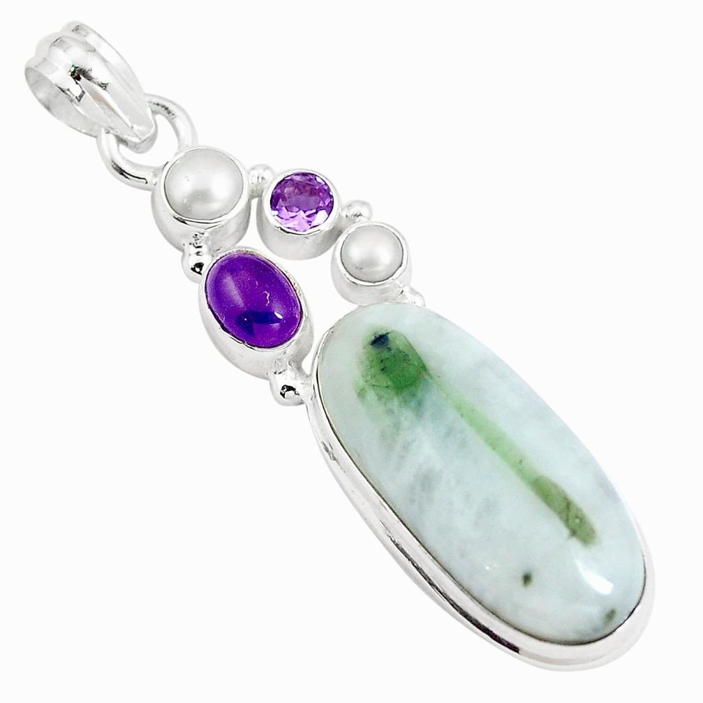 Natural green tourmaline in quartz amethyst 925 silver pendant m84506